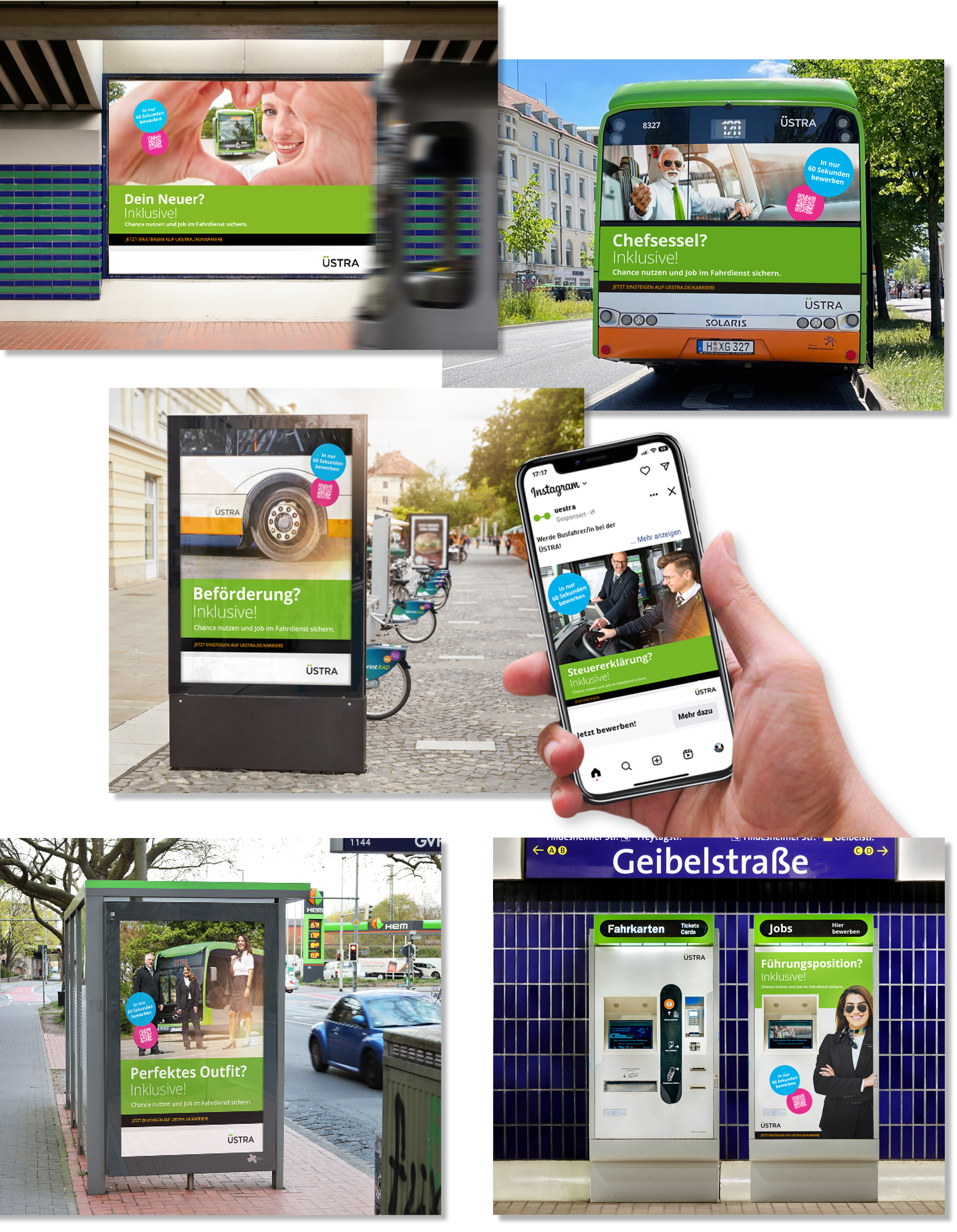Eine Collage mehrerer Bilder zur ÜSTRA Recruiting Kampagne: Ein Plakat, ein Bus, ein City Light Poster, eine Instagram-Anzeige und ein Fahrkartenautomat.