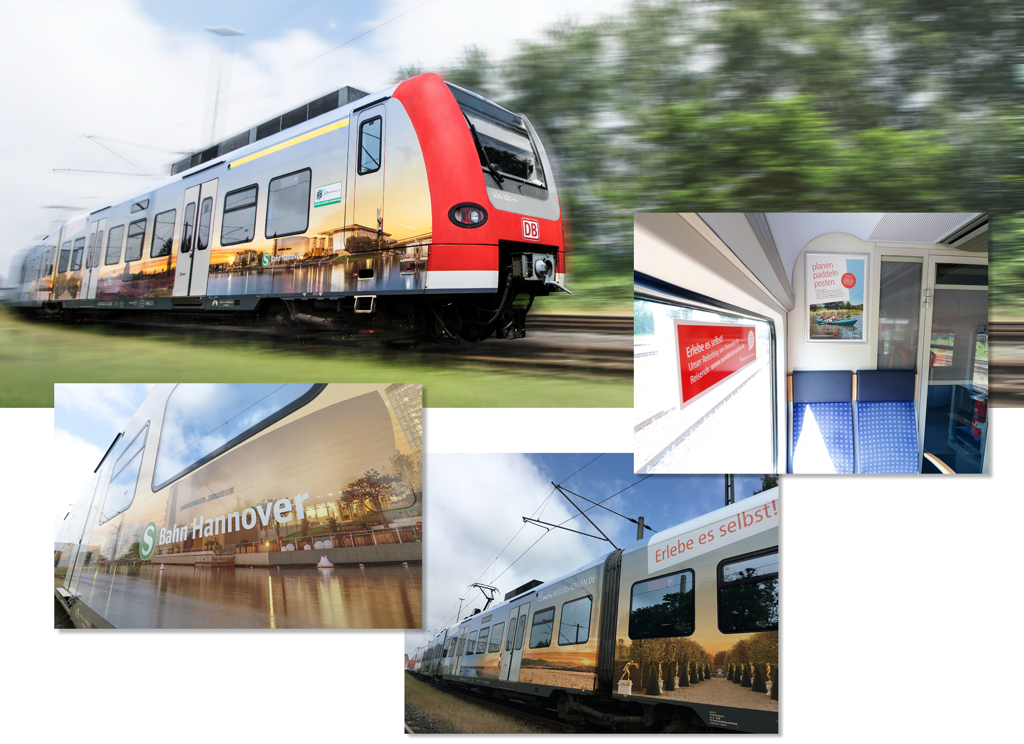 Eine Collage mehrerer Bilder von der Fahrzeugbeschriftung der Deutschen Bahn innerhalb und außerhalb des Fahrzeugs.