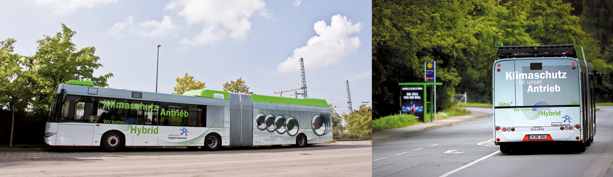 Ein Bus mit einer Beschriftung zum Thema Klimaschutz: "Klimaschutz ist unser Antrieb"