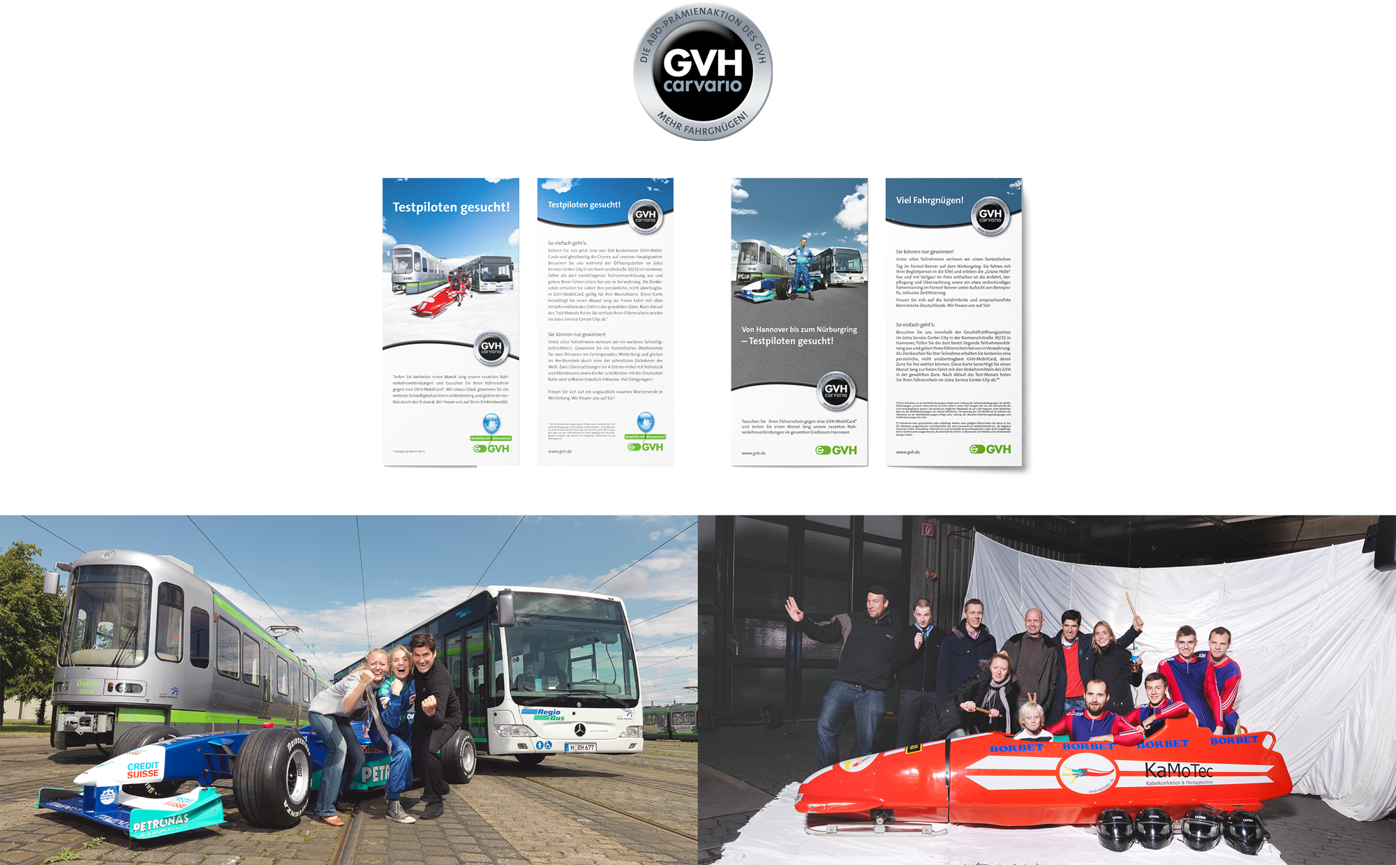 Kampagne für das GVH-Jahresabo mit verschiedenen Flyern und Probefahrten  mit einem Formel-1-Auto.