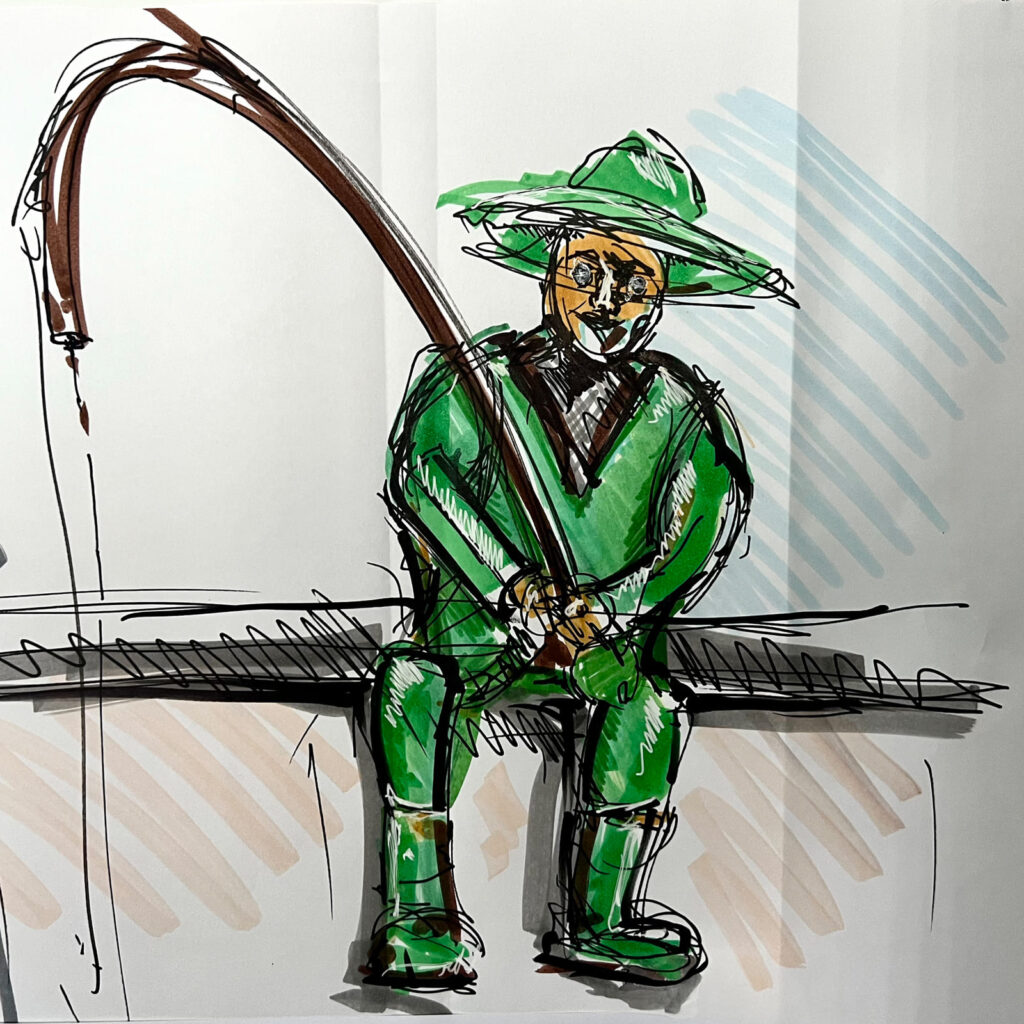 Skizze des Konsum-Anglers mit Angelrute als erster Gestaltungsentwurf.